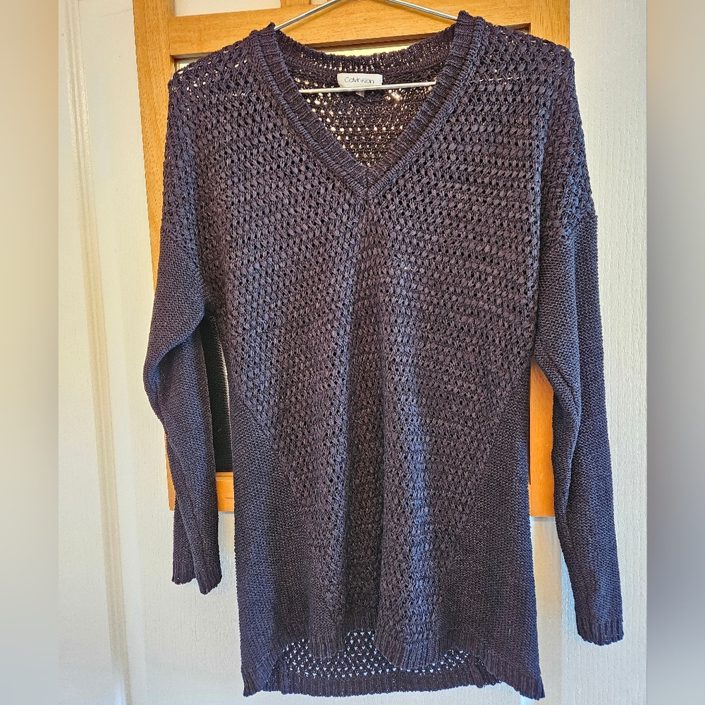 Calvin Klein Women's V-Neck Open Stitch Long Sleeve Black Sweater Size M